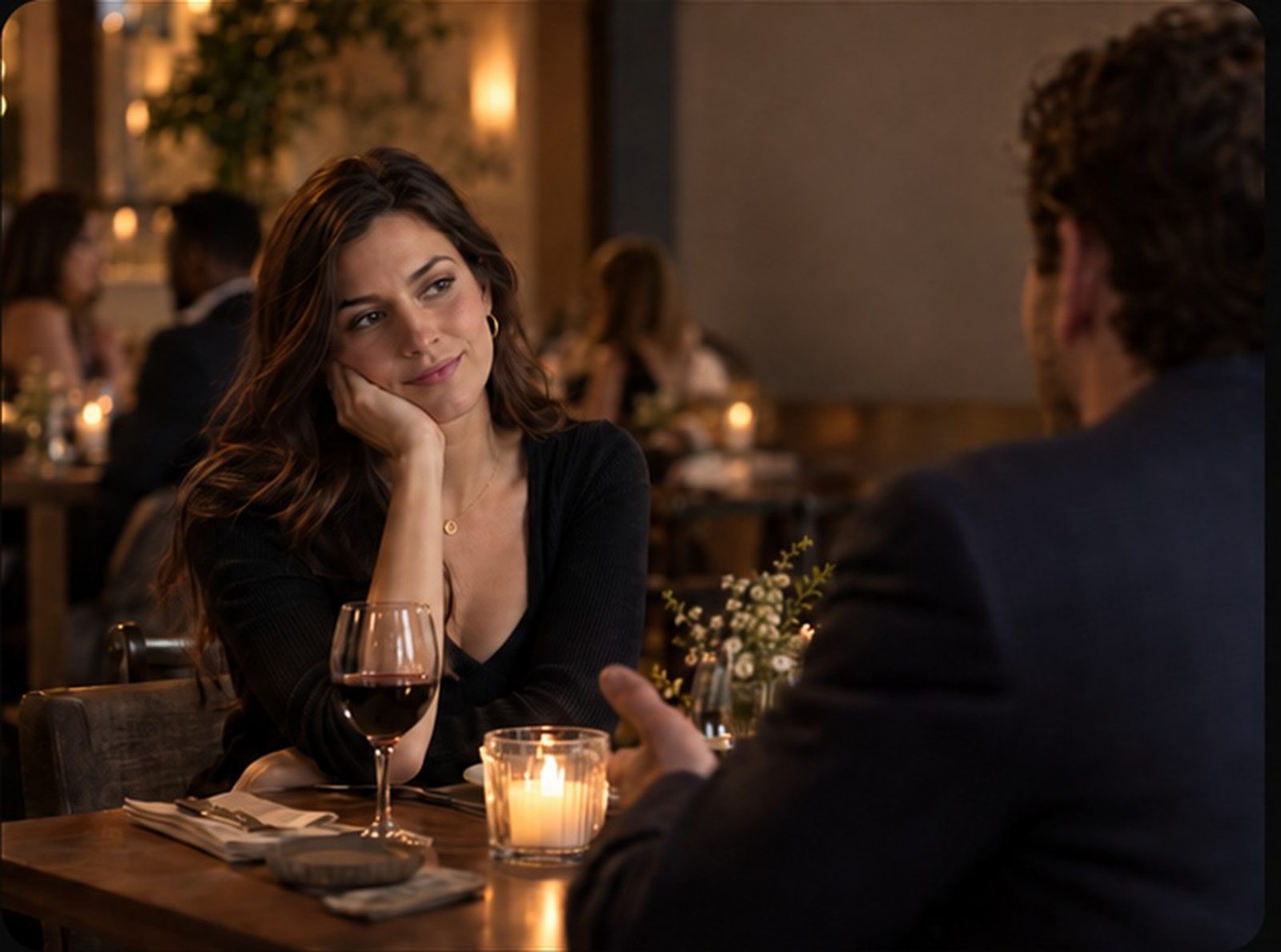 A woman looking away during a date that is not going well