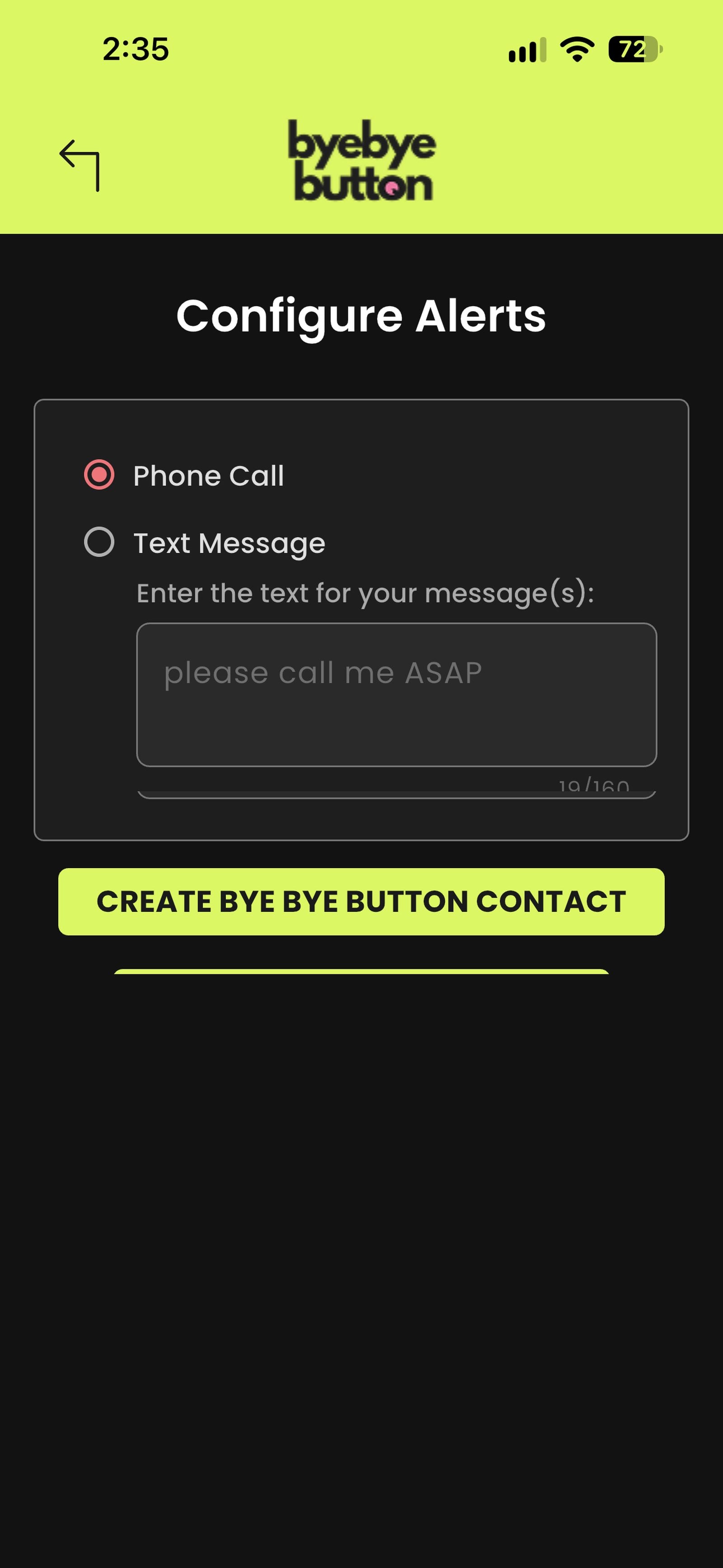 Configure Alerts screen in the Bye Bye Button™ app