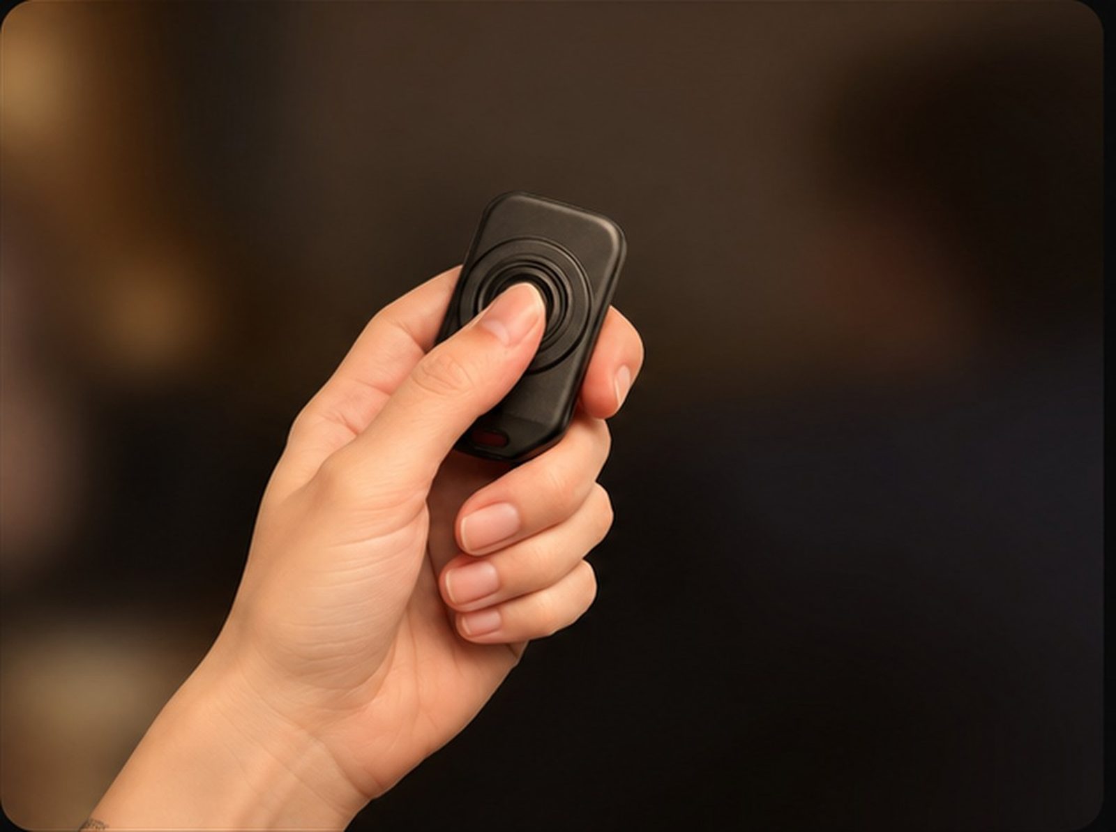A thumb pressing the Bye Bye Button™ keyfob