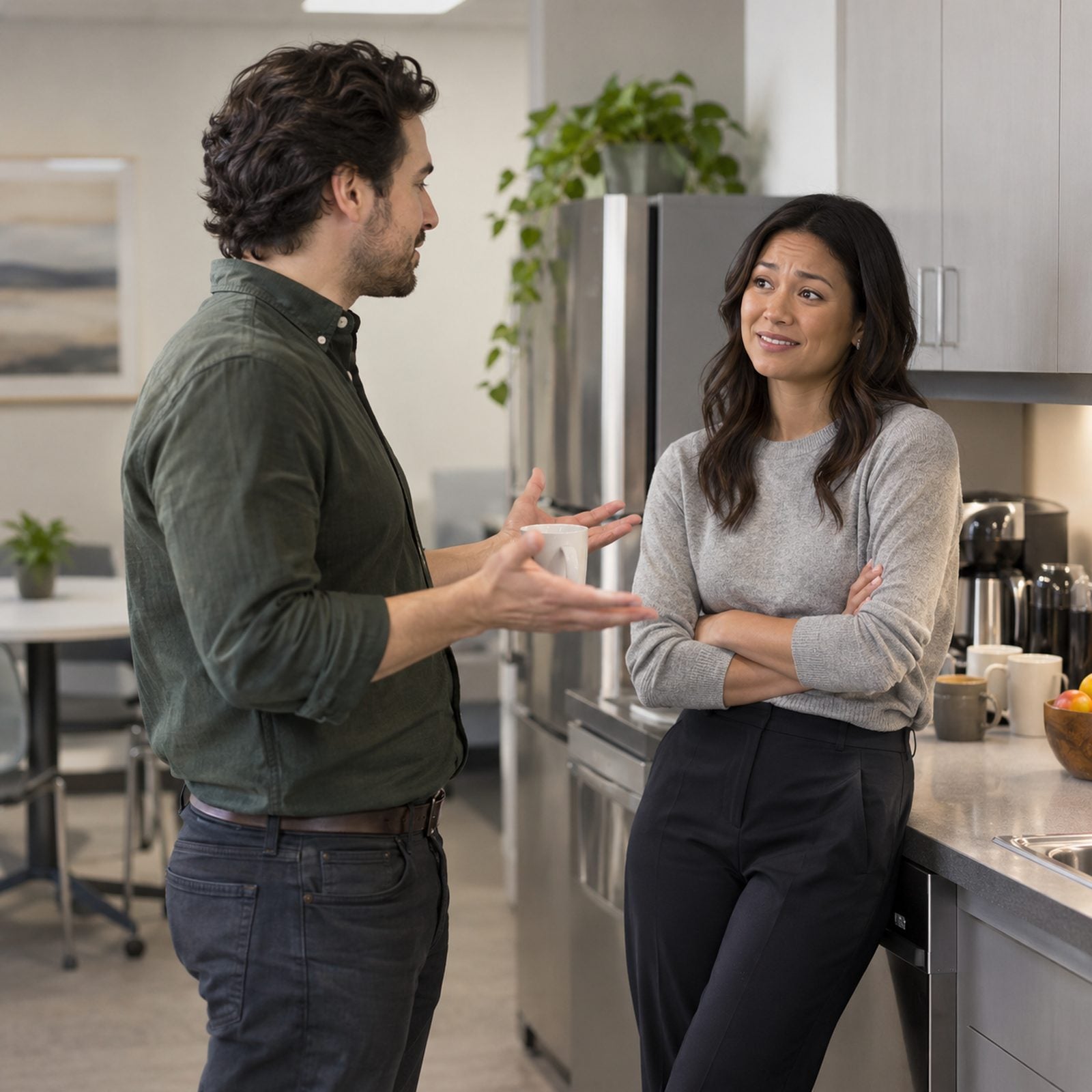 Two coworkers talking in an office kitchen